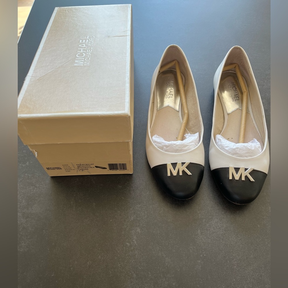 Michael Kors Two-Tone White and Black MK Cap-Toe Ballet Flats